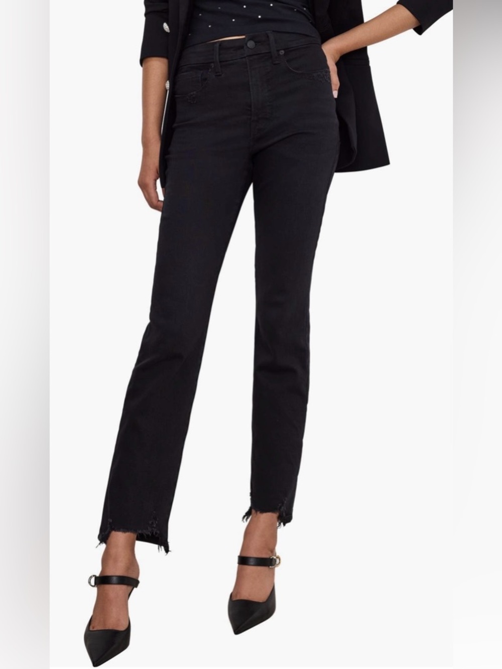 Good American Good Classic Chewed Hem Slim Straight Black Jeans size 8